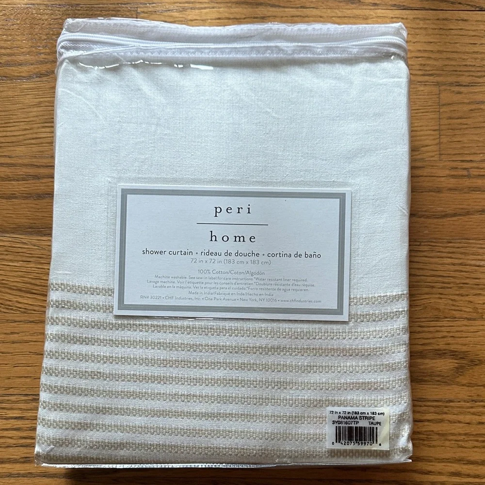 Peri Home Panama Stripe White and Tan Shower Curtain